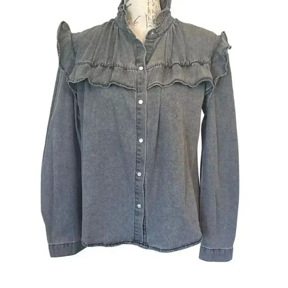 Boho Grey Jean Denim Ruffle Button Down Blouse L